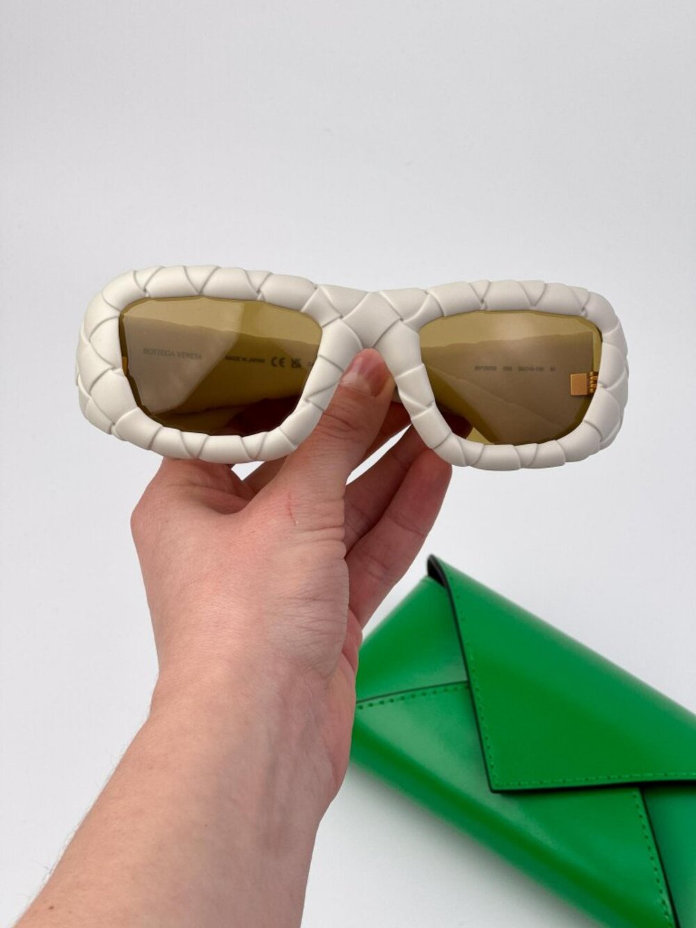 Bottega Veneta Unisex Sunglasses Chalk White Pattern Brown Rectangle BV1303S 006
